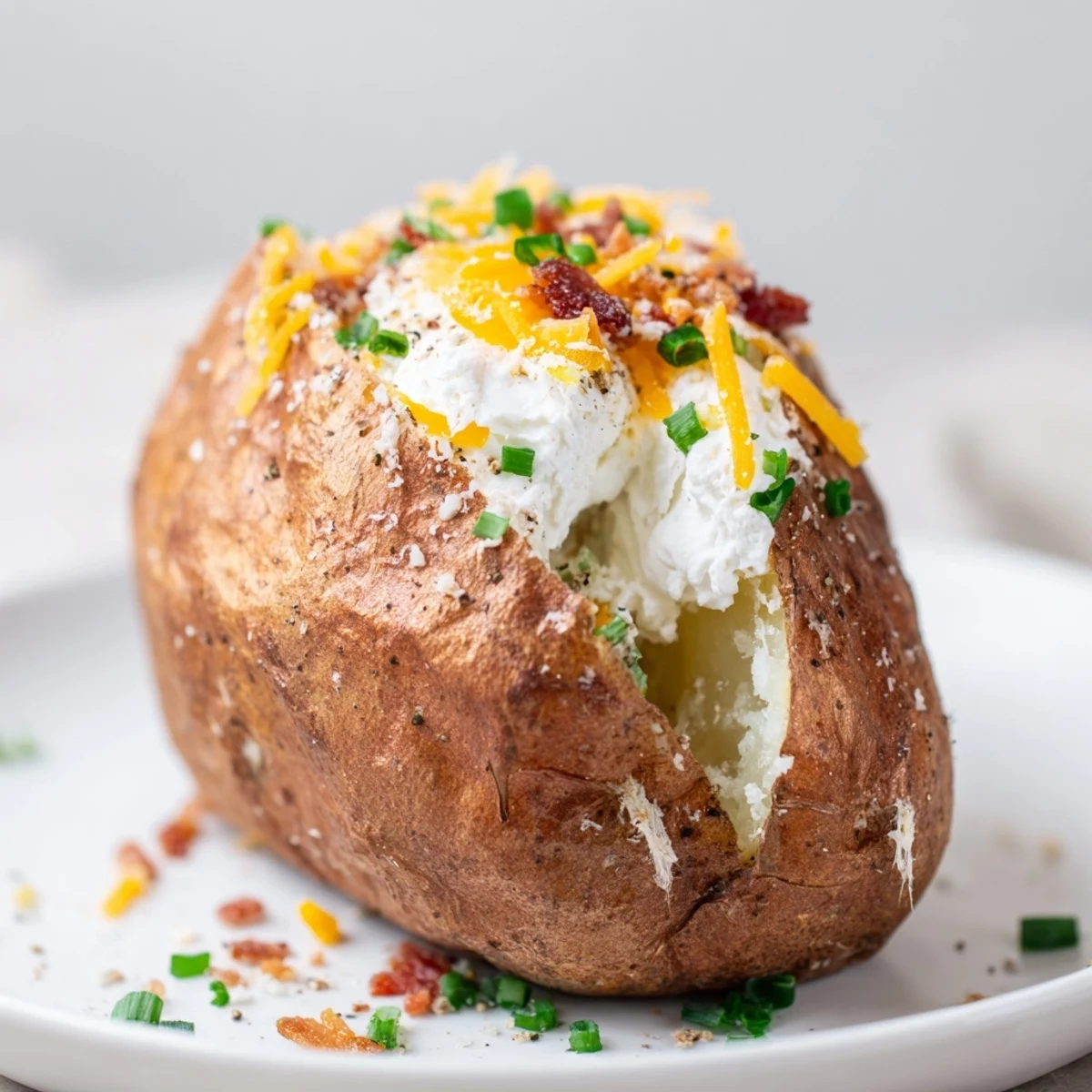 Crispy-skinned baked potato, a classic American side, awaiting sour cream and chives on a plate.