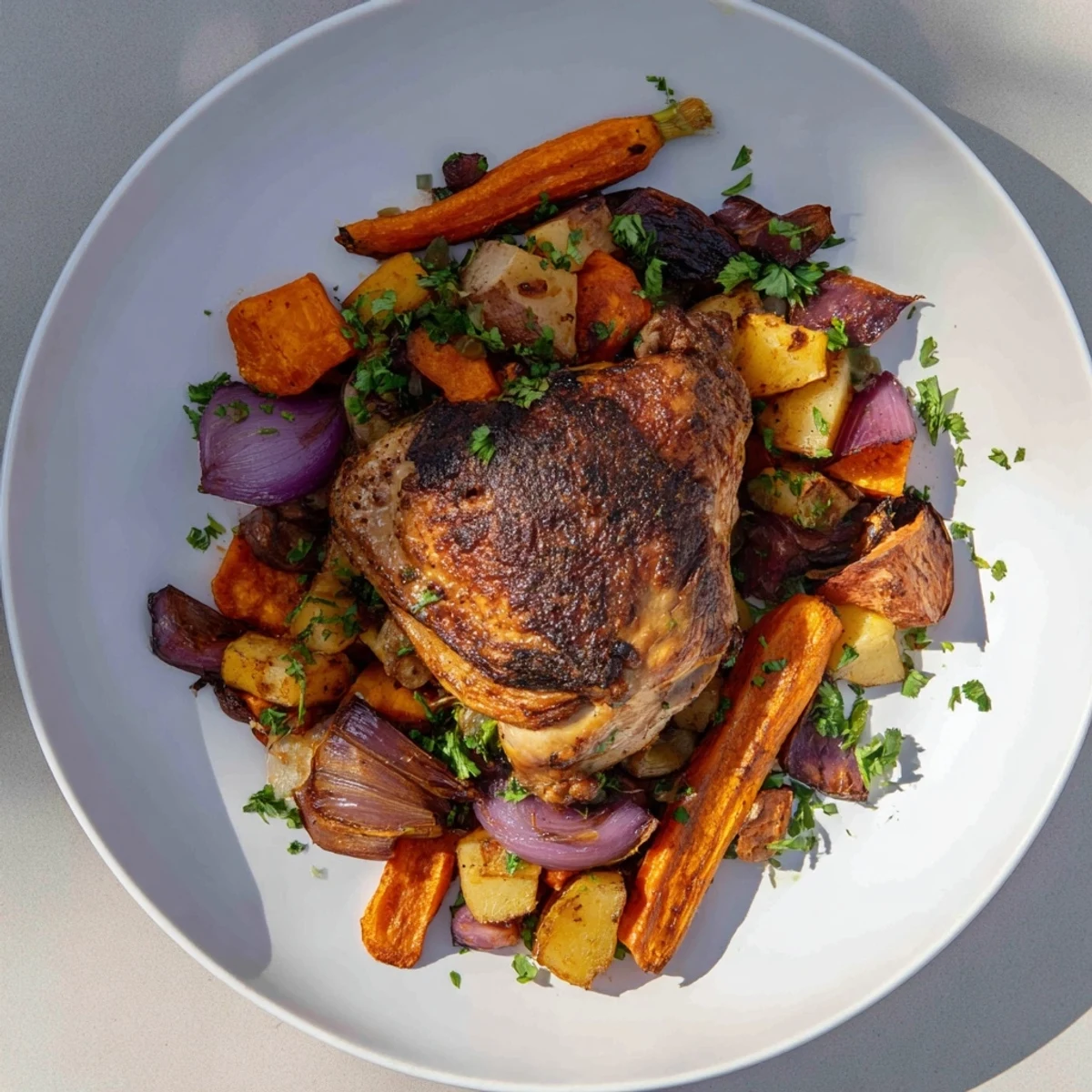 Golden-brown roasted chicken with root vegetables, a mouthwatering, family-style American dinner.