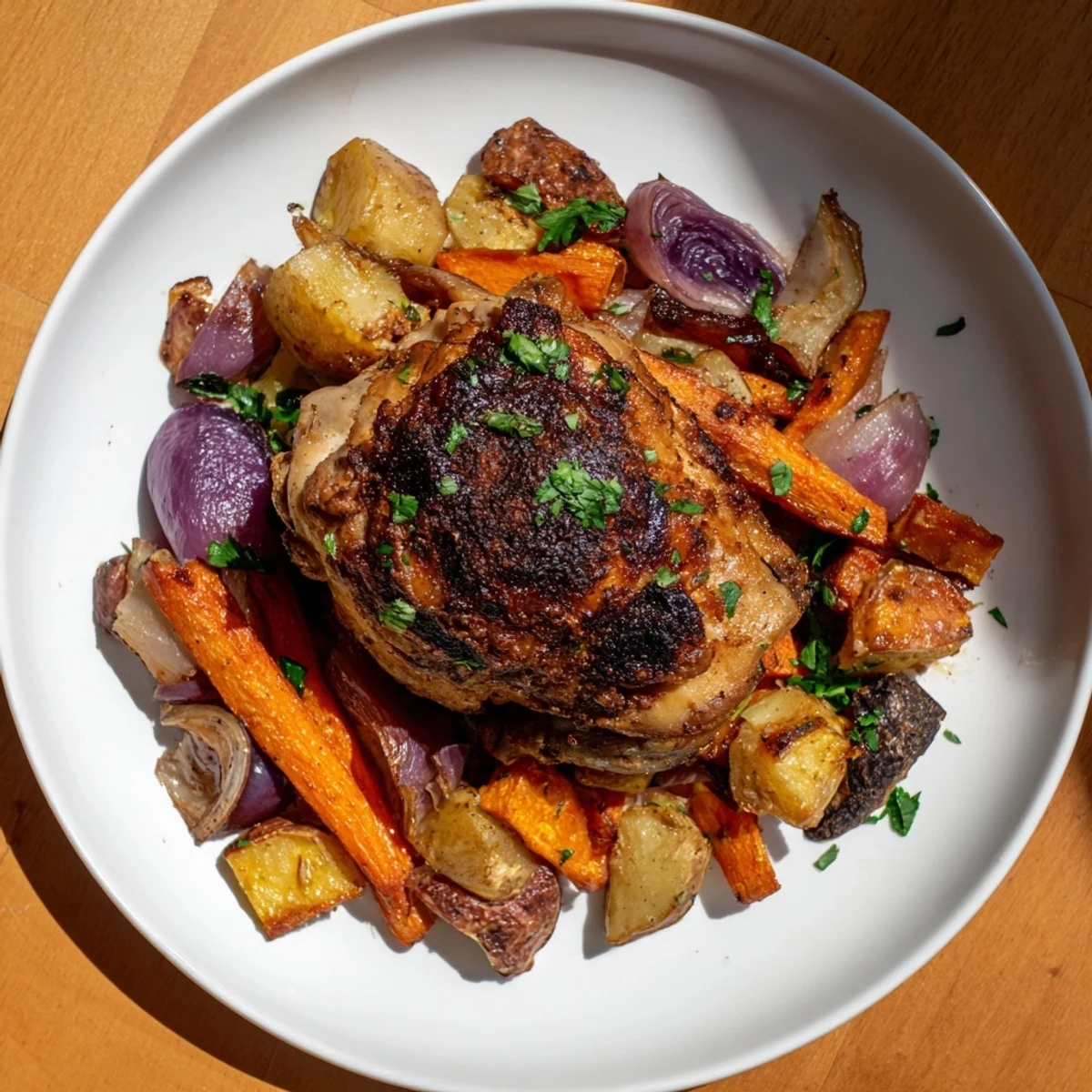 Sizzling roasted chicken alongside colorful, tender root vegetables, ready for a delicious meal.