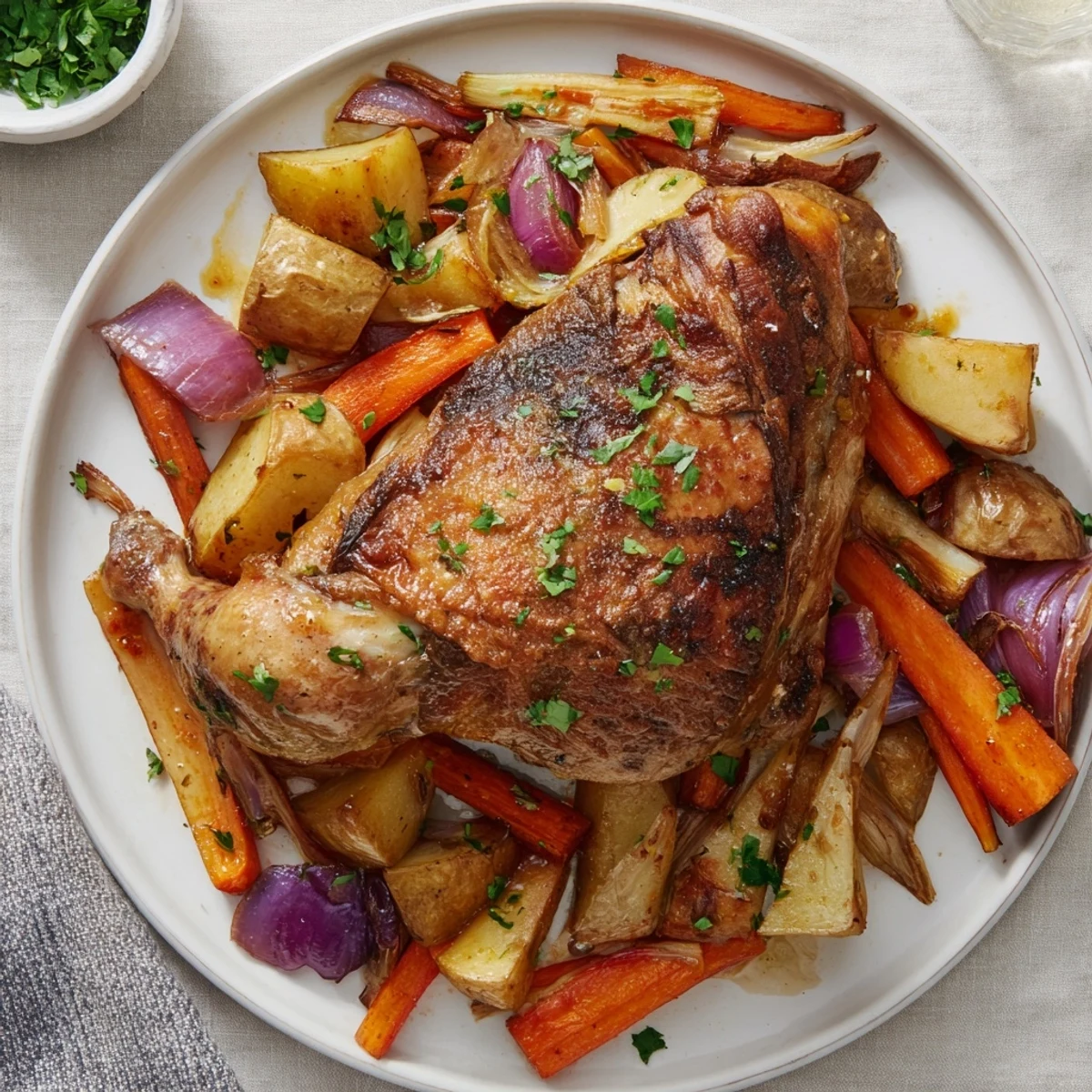 Juicy roasted chicken partnered with assorted root vegetables, perfect for a flavorful, gluten-free spread.