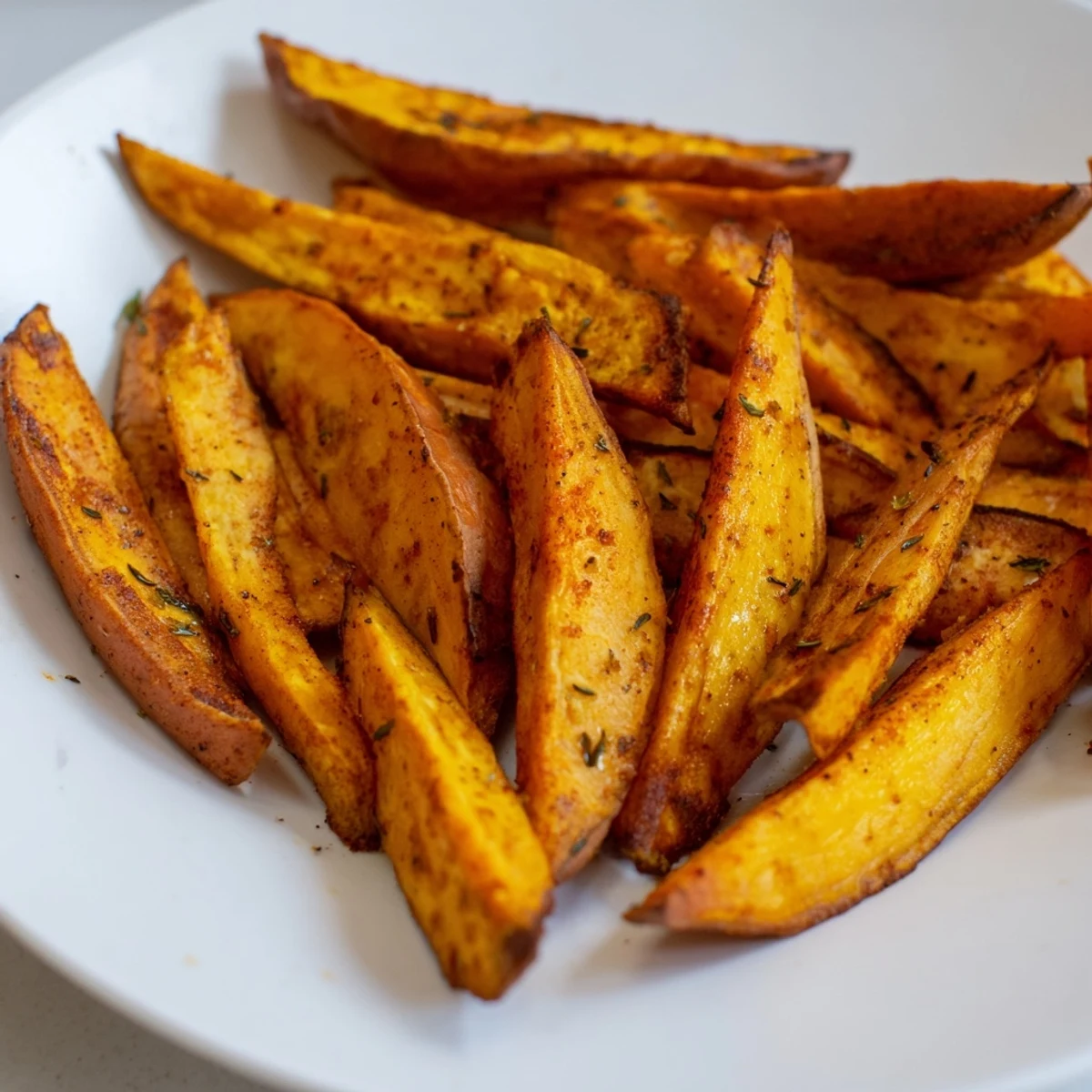 Golden-brown, crispy Baked Sweet Potato Wedges, seasoned with paprika, ready to serve with a dipping sauce.