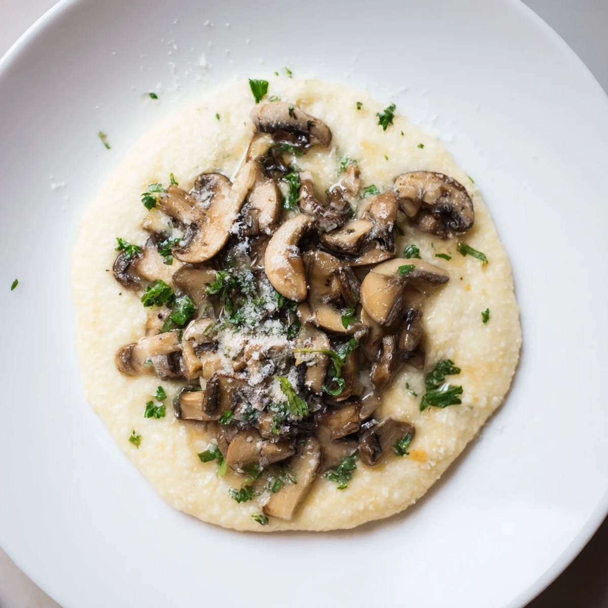 A comforting bowl of creamy polenta with mushrooms, topped with savory, golden sautéed fungi.