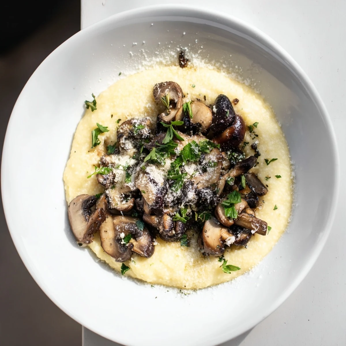 Rich and creamy polenta with mushrooms, a vegetarian delight, ready to be enjoyed as a main course.