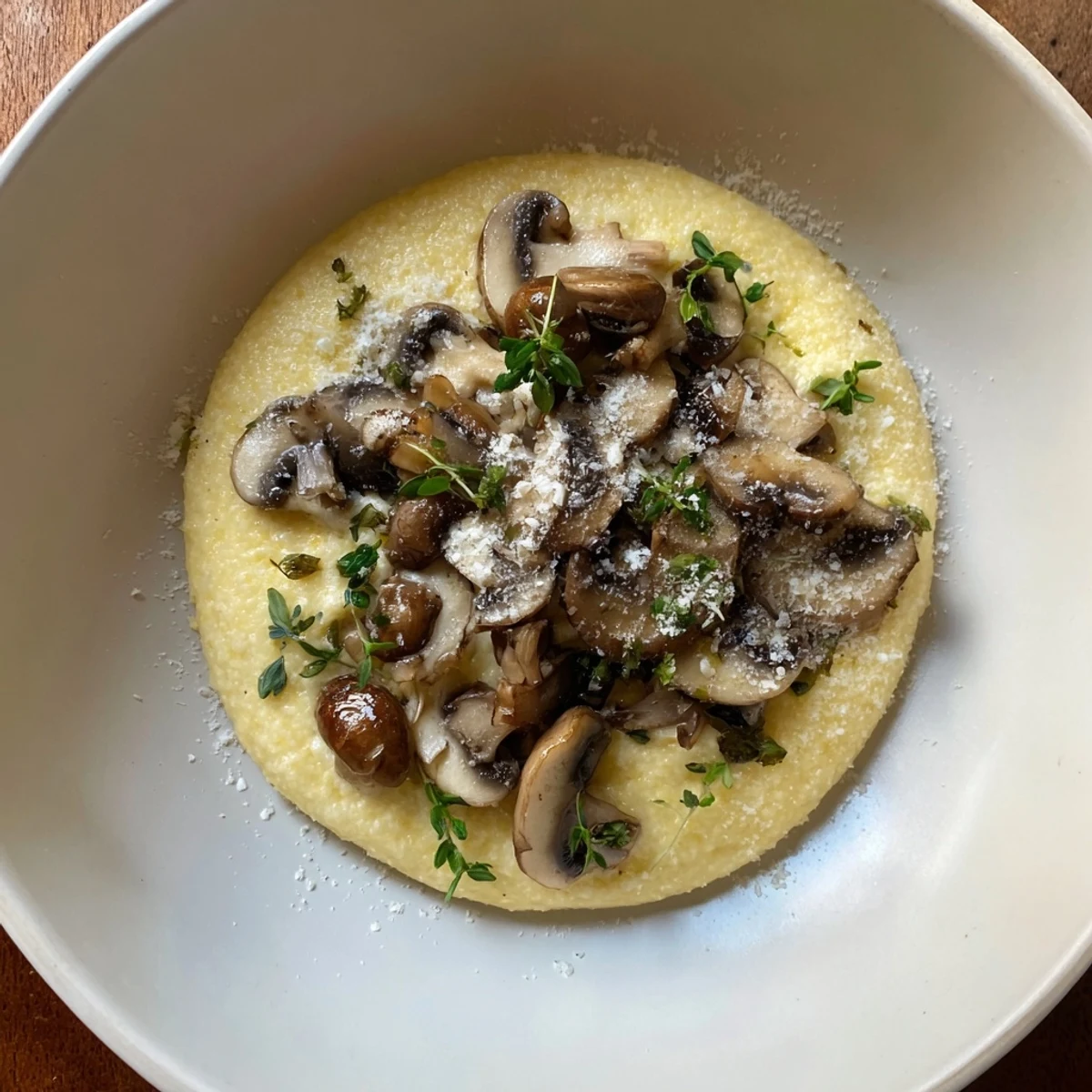 Close-up of creamy polenta with mushrooms, showcasing the dish's earthy flavors and vibrant herbs.