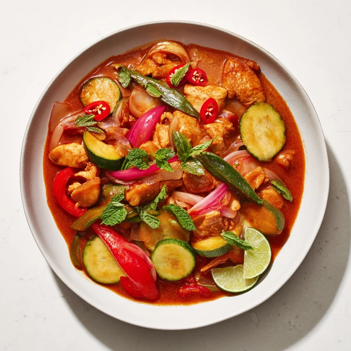 Steaming Spicy Thai Red Curry with Chicken served with rice, garnished with fresh herbs and a lime wedge.