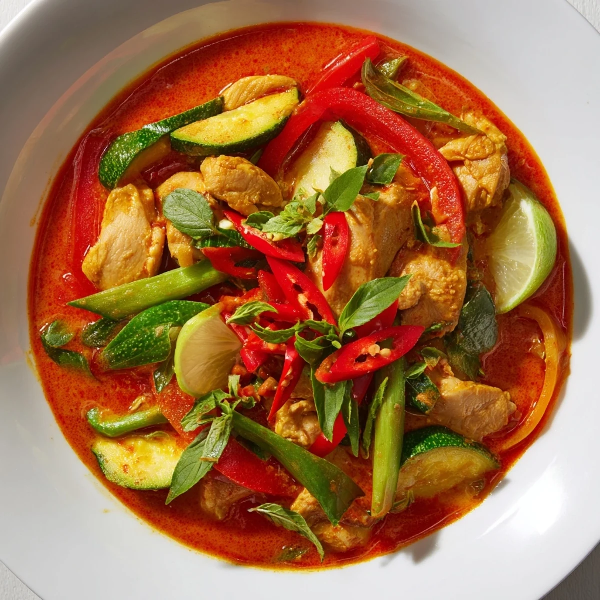A close-up of a brightly colored bowl of Spicy Thai Red Curry with Chicken; a truly delicious meal.