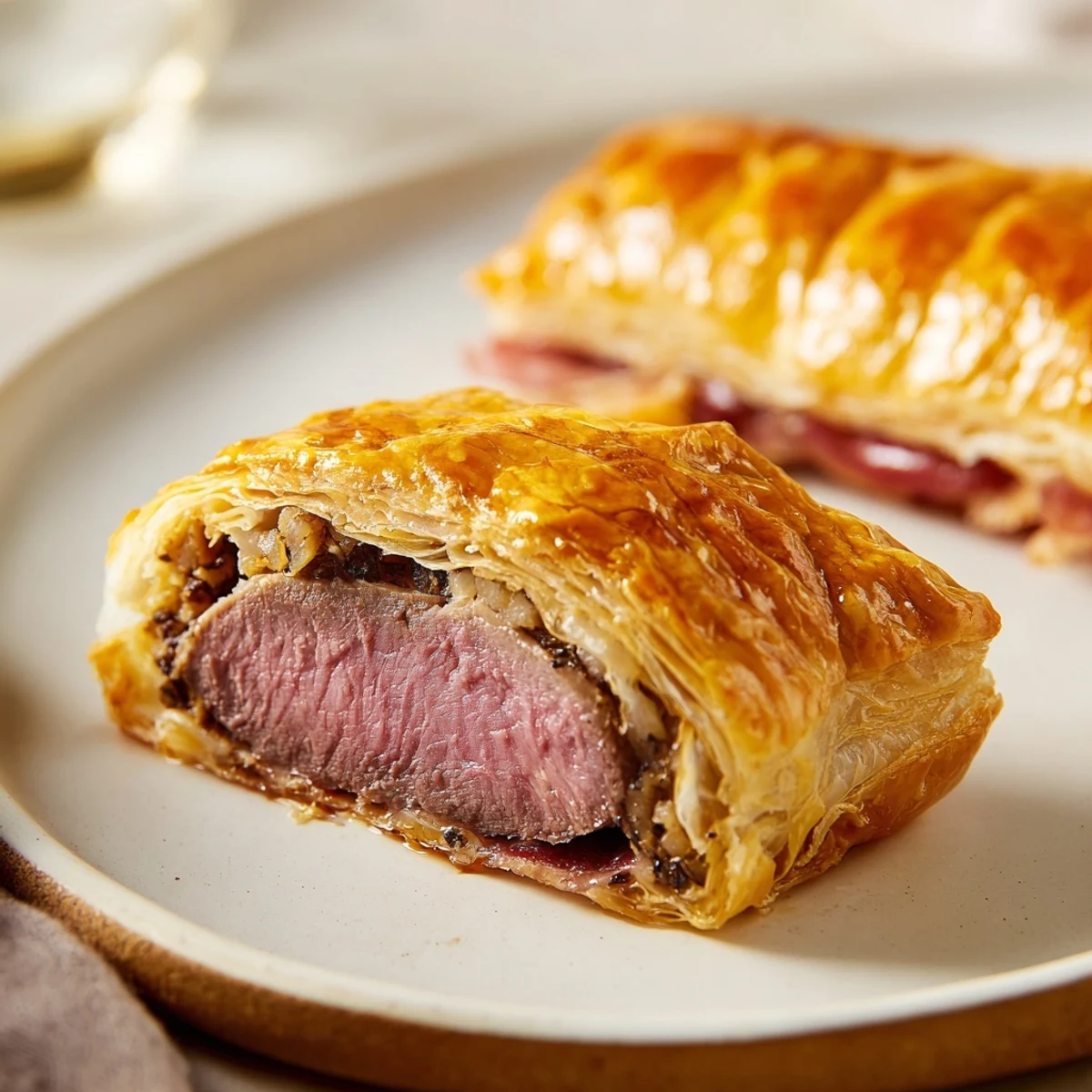 Golden, flaky Beef Wellington with savory mushroom duxelle, ready for a special dinner.