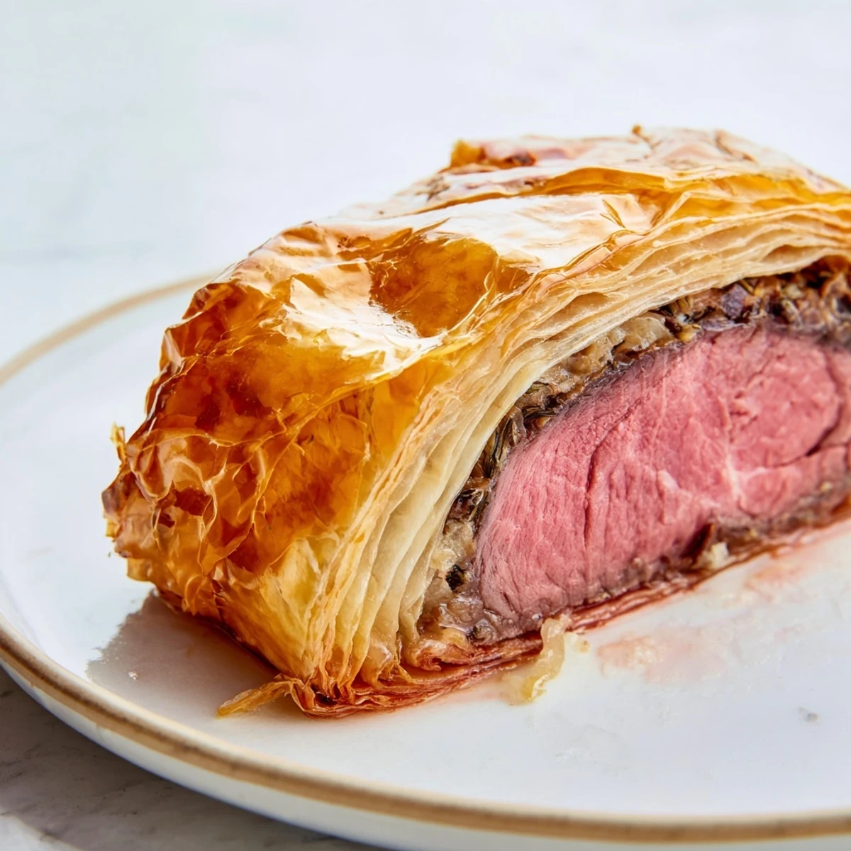 A beautifully presented slice of Beef Wellington reveals layers of beef, duxelle, and prosciutto.