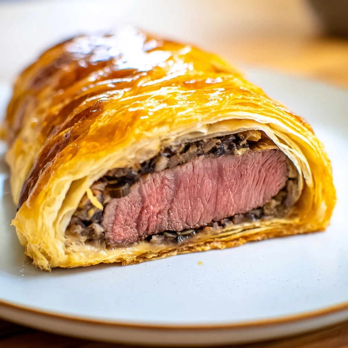 Perfectly cooked Beef Wellington, showcasing a tender, juicy beef fillet after baking, is mouthwatering.
