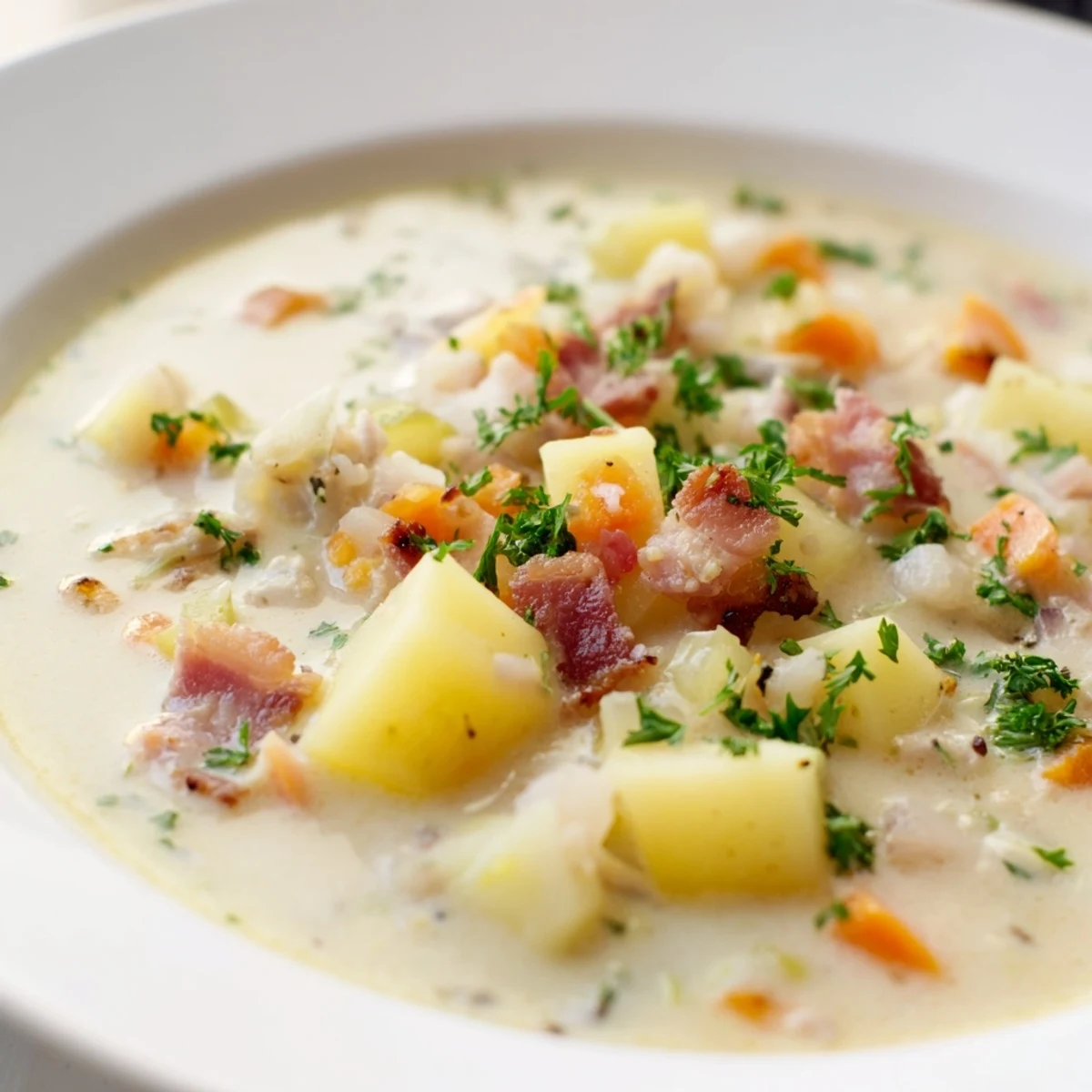 Steaming creamy clam chowder, a hearty soup with tender clams and bacon, ready to enjoy.