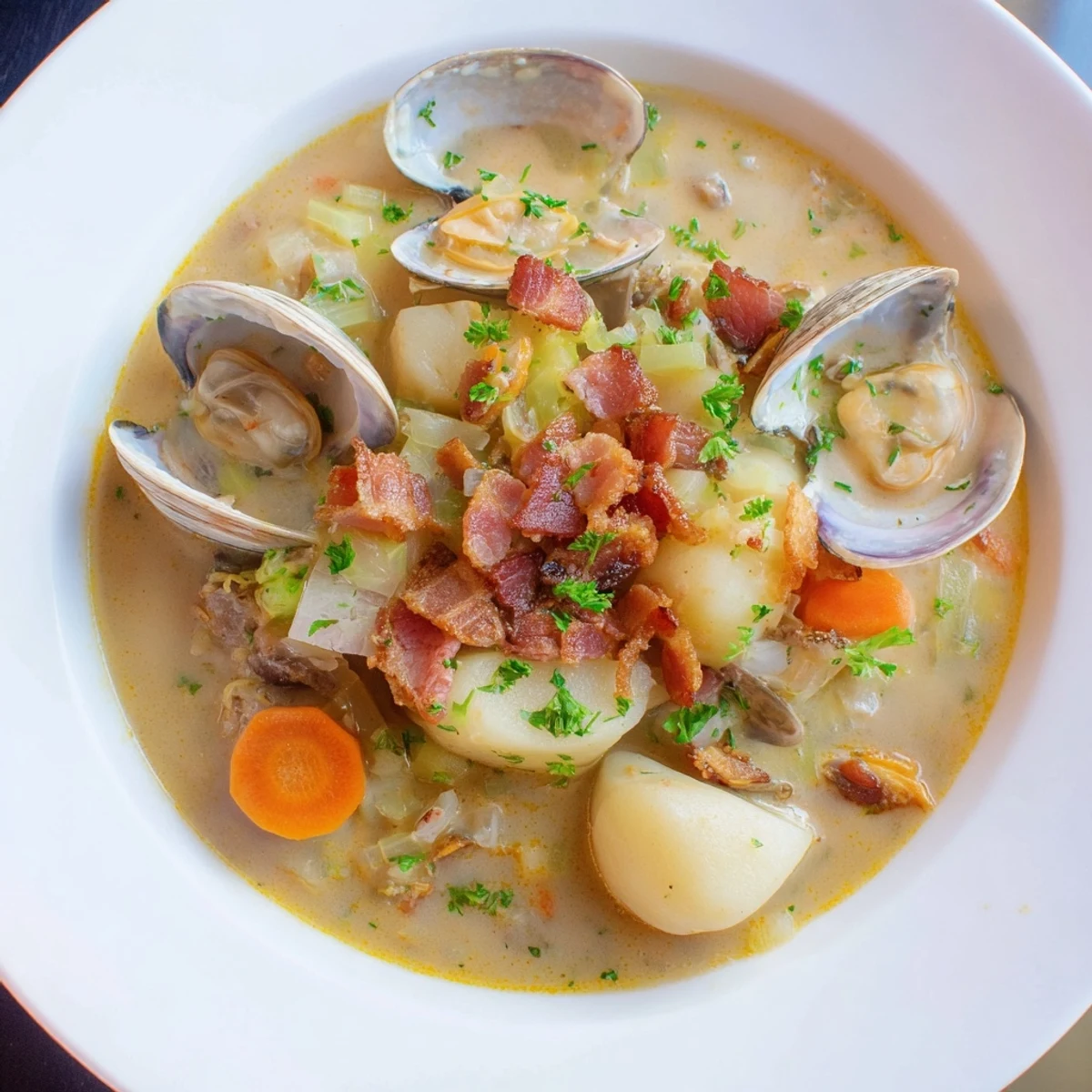 A steaming bowl of creamy clam chowder, loaded with clams, potatoes, and smoky bacon bits.