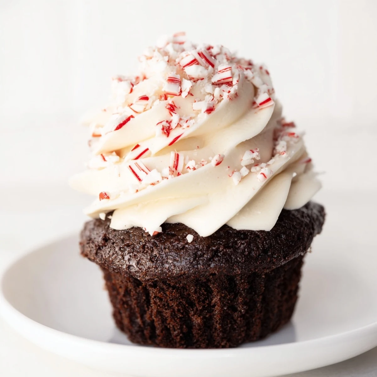Fluffy chocolate peppermint cupcakes, frosted with swirls of peppermint buttercream and sprinkled festive candy.