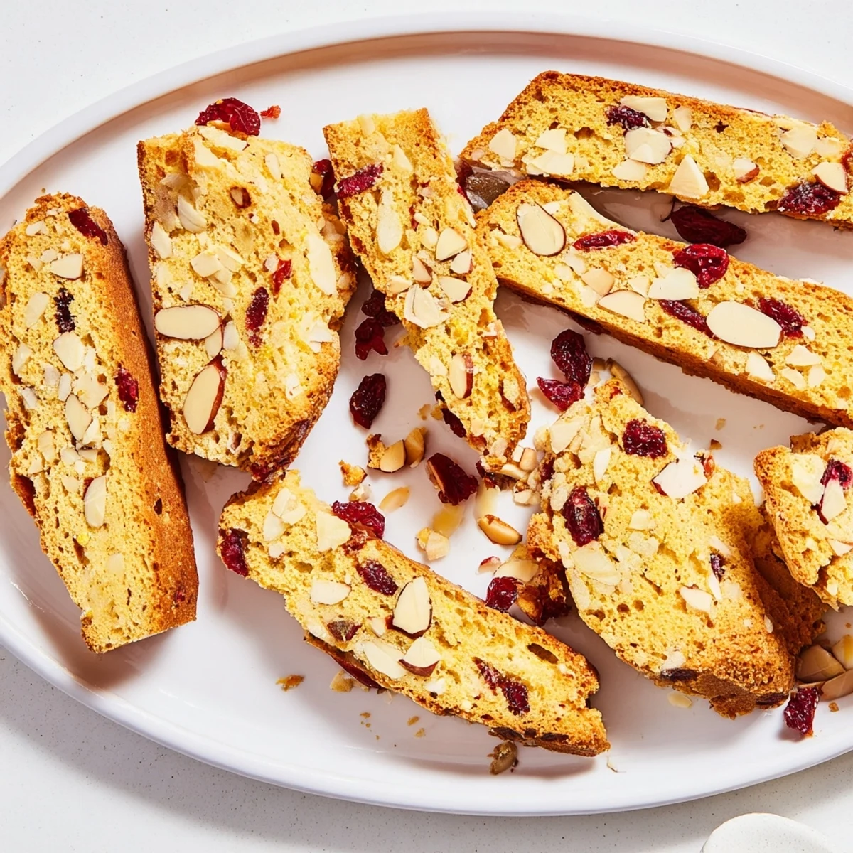 Golden, twice-baked cranberry almond biscotti ready to be dipped into a steaming cup of coffee.