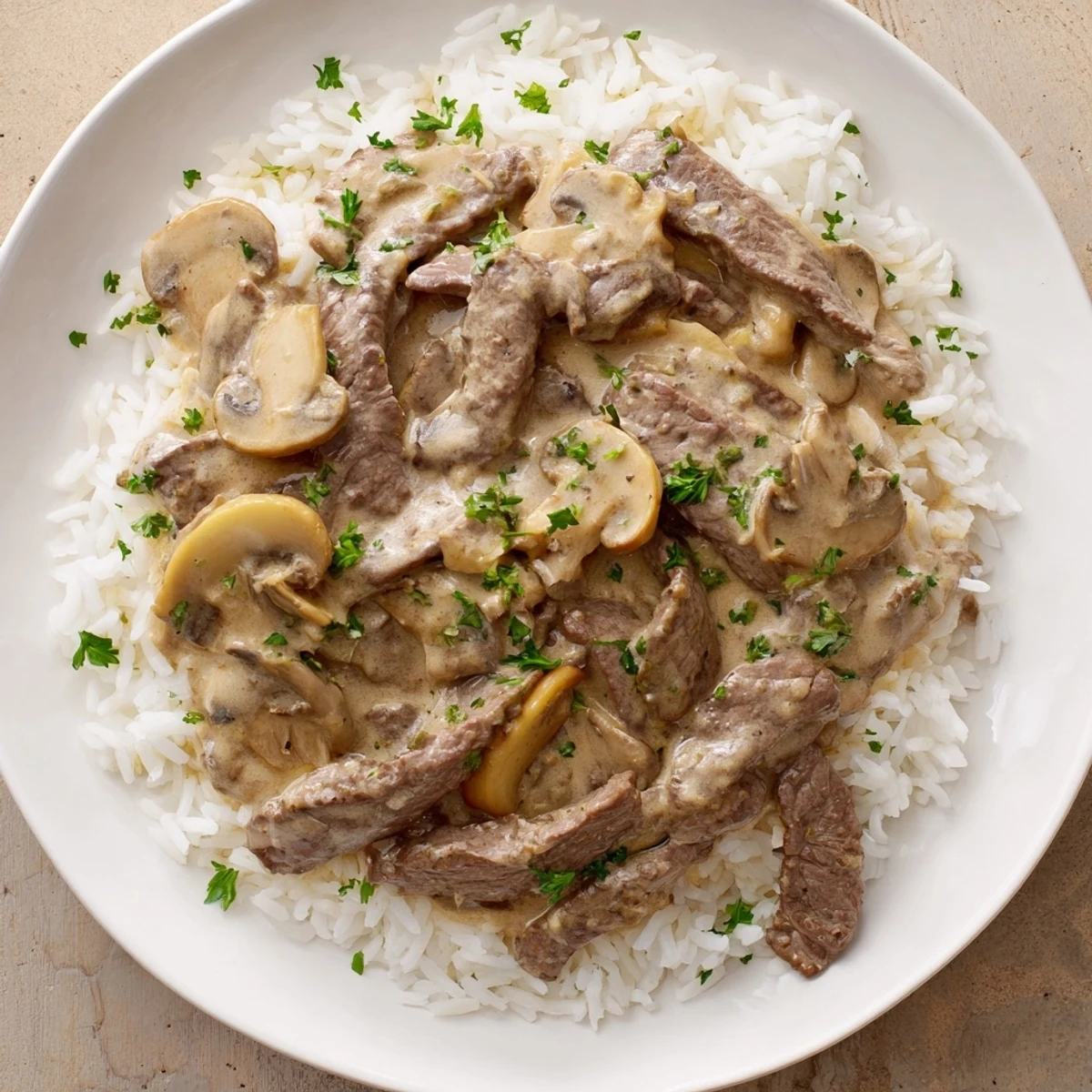 Tender beef stroganoff with rice, featuring creamy mushroom sauce and fresh parsley garnish, ready to enjoy.
