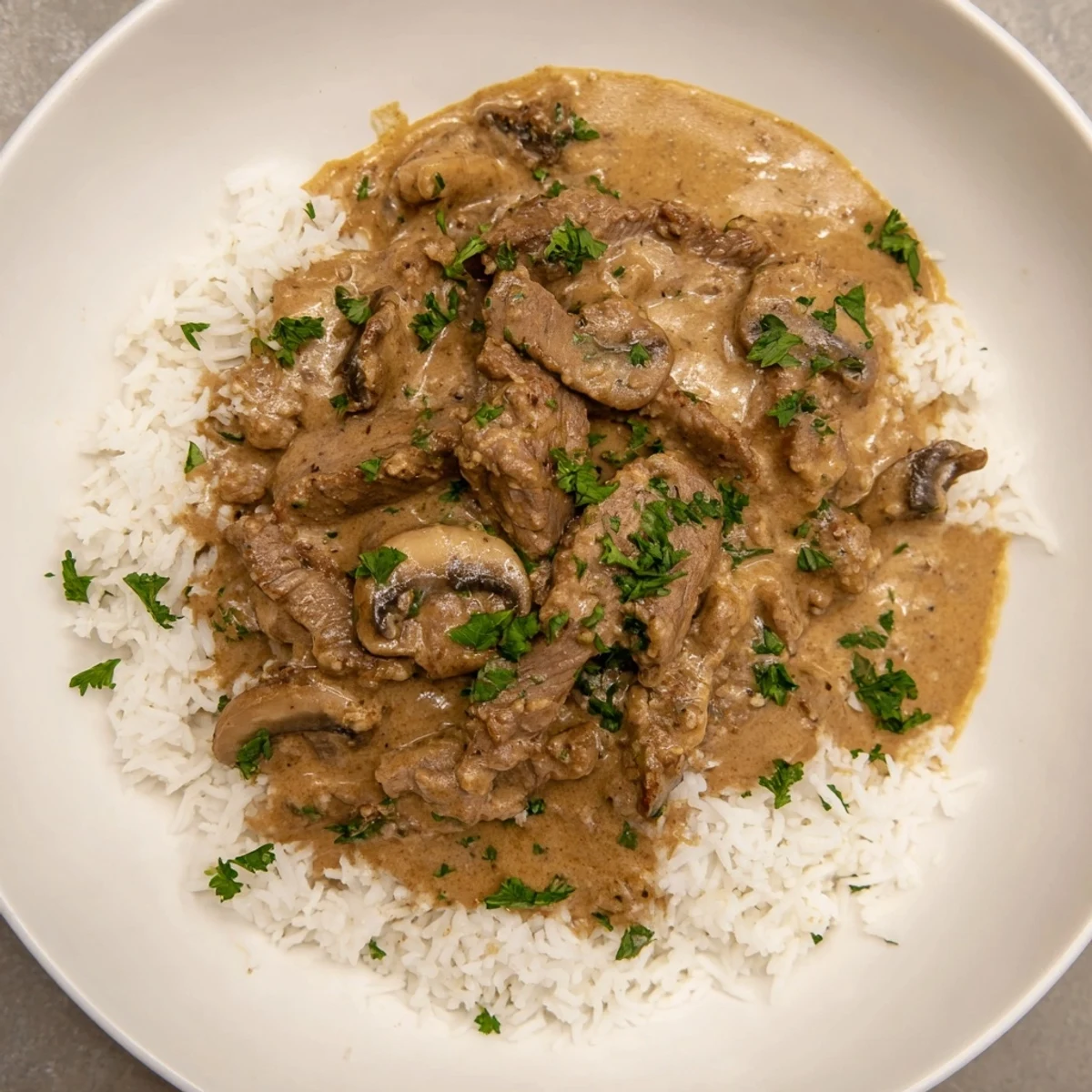 A comforting bowl of beef stroganoff with rice, showcasing rich, savory flavors and fluffy white rice.