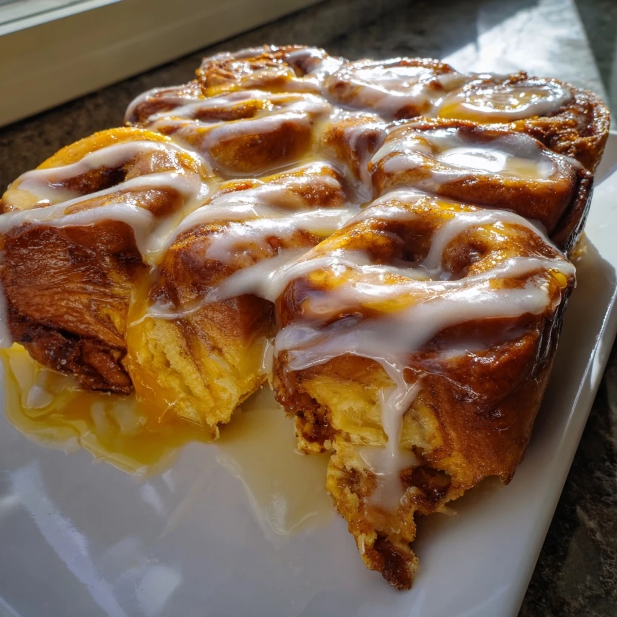 Fluffy cinnamon roll casserole, baked until golden brown, drizzled with sweet icing for brunch.
