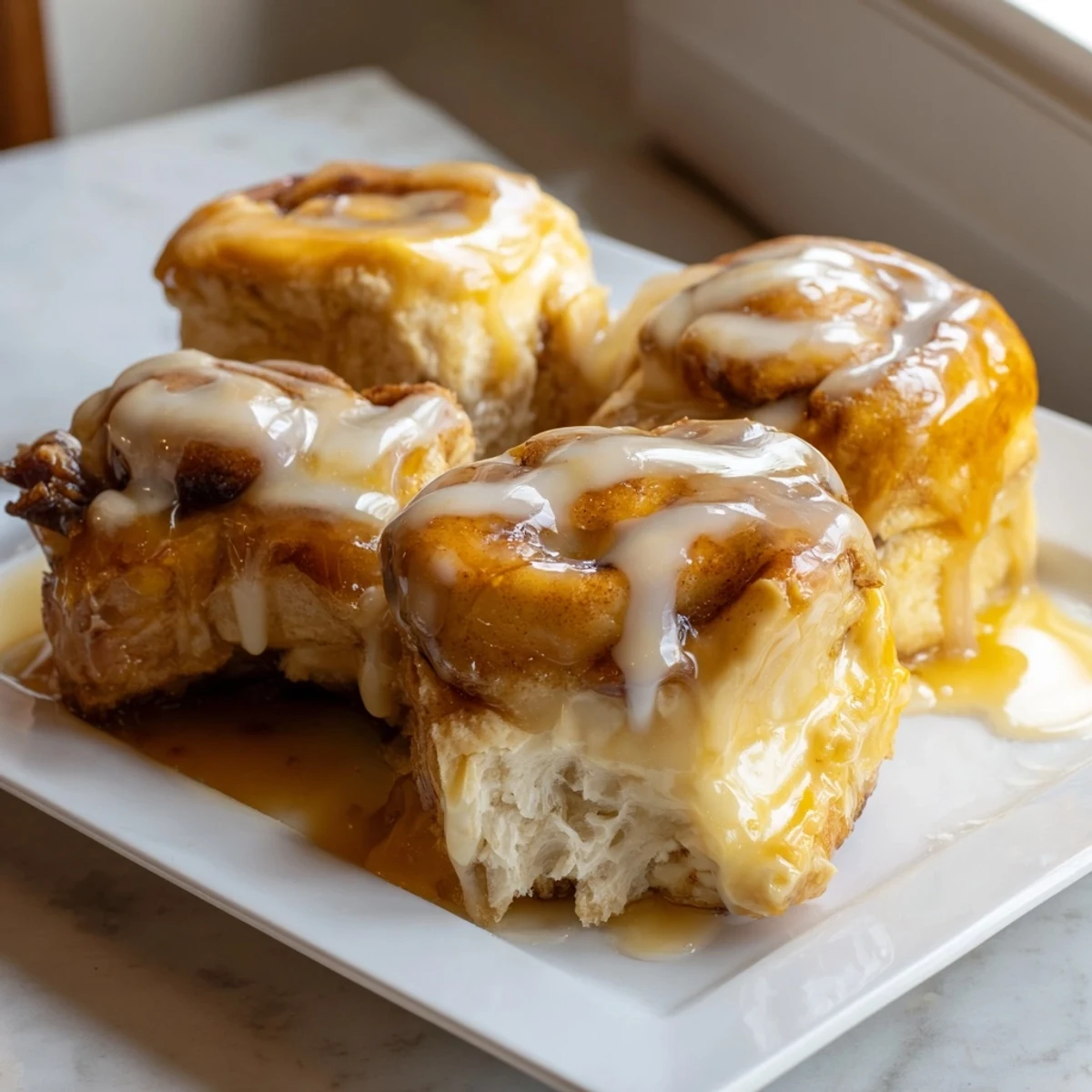 Close-up of a warm, gooey cinnamon roll casserole with maple syrup, ideal for a special holiday meal.