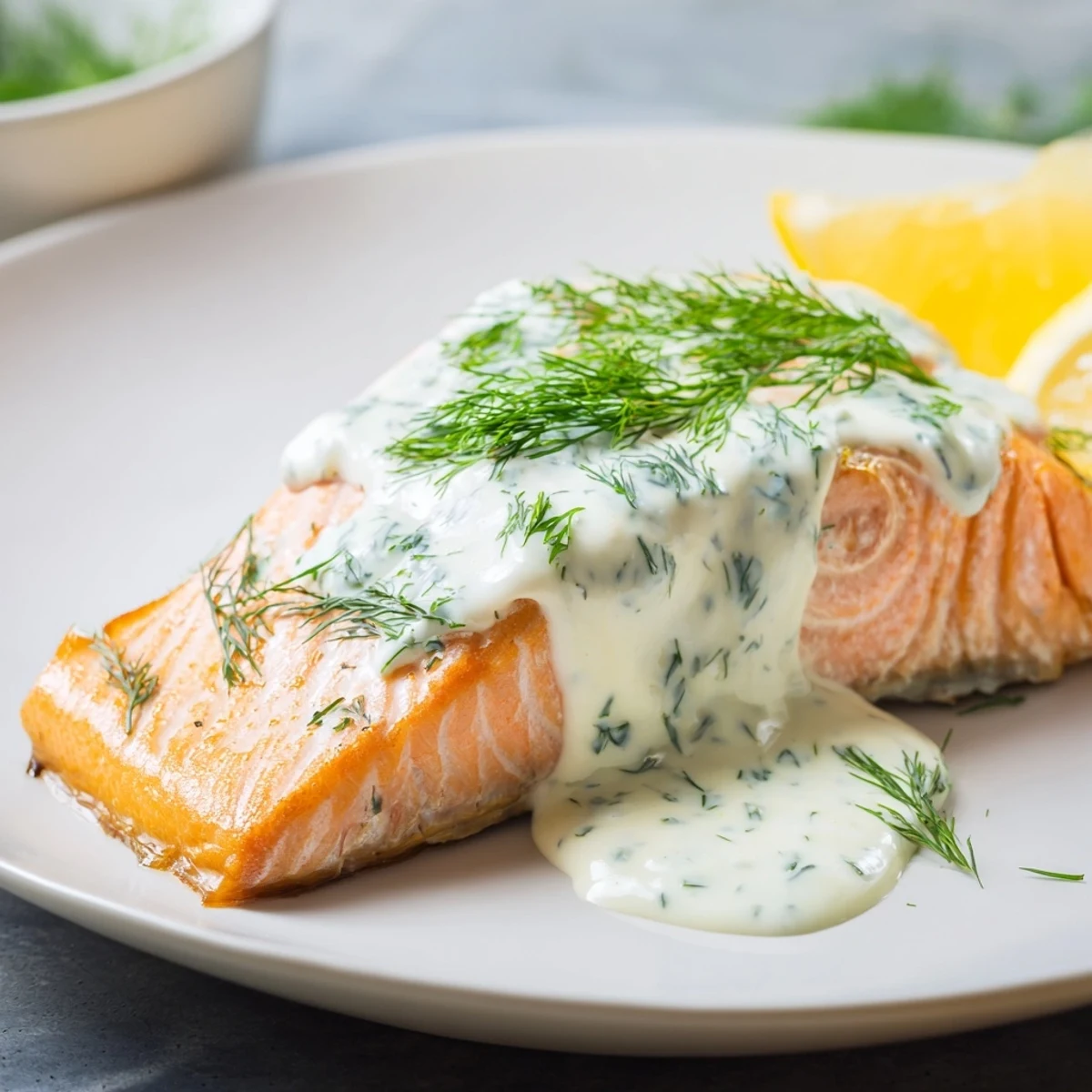 Flaky, oven-baked salmon topped with vibrant, creamy dill sauce, ready to serve.