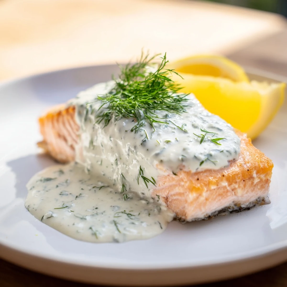 Beautifully cooked Baked Salmon with Dill Sauce, garnished with fresh lemon for a bright, savory flavor.