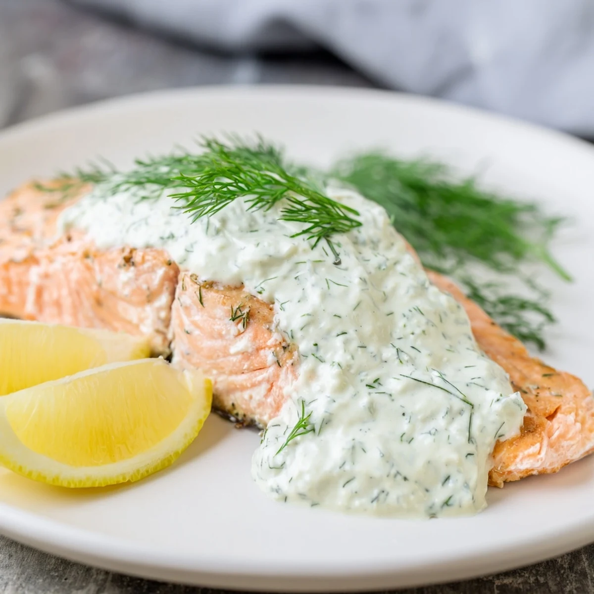 Close-up of golden Baked Salmon with Dill Sauce, showcasing the creamy dill topping and enticing aroma.
