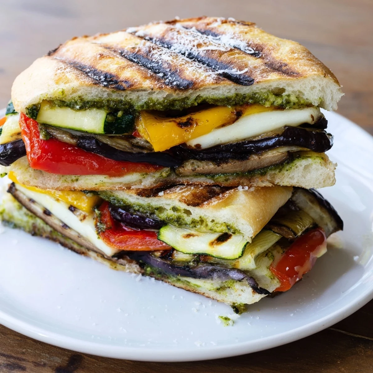 Golden-crusted Grilled Vegetable Panini with Pesto, showcasing a delicious vegetarian lunch, served warm.