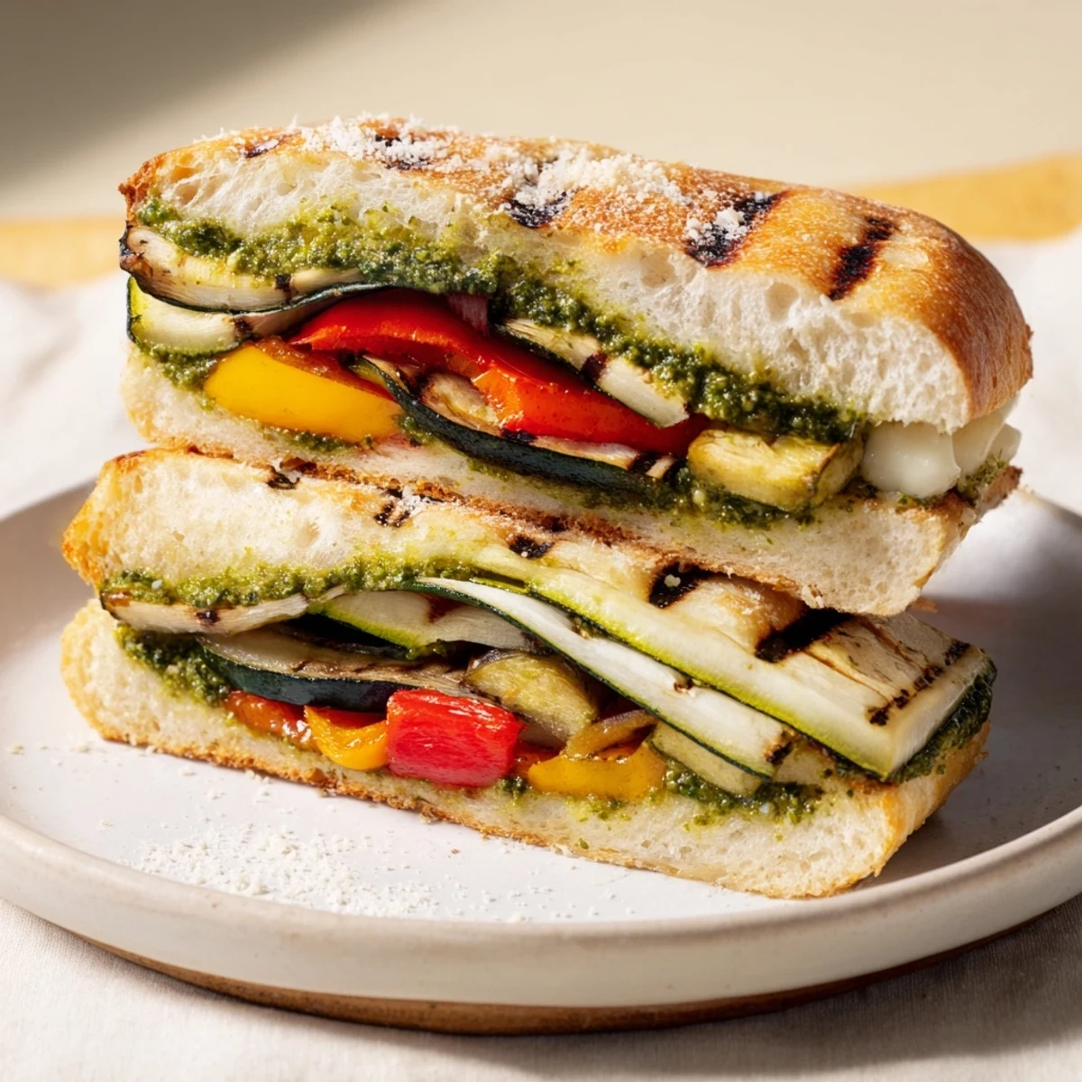Mouthwatering, close-up of a Grilled Vegetable Panini with Pesto, with pesto oozing over the grilled veggies.