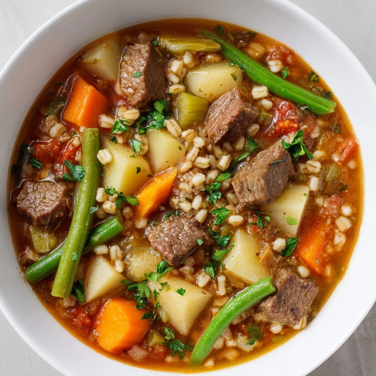 Hearty homemade Beef and Vegetable Barley Soup with tender beef and vibrant vegetables, ready to serve, looks delicious!