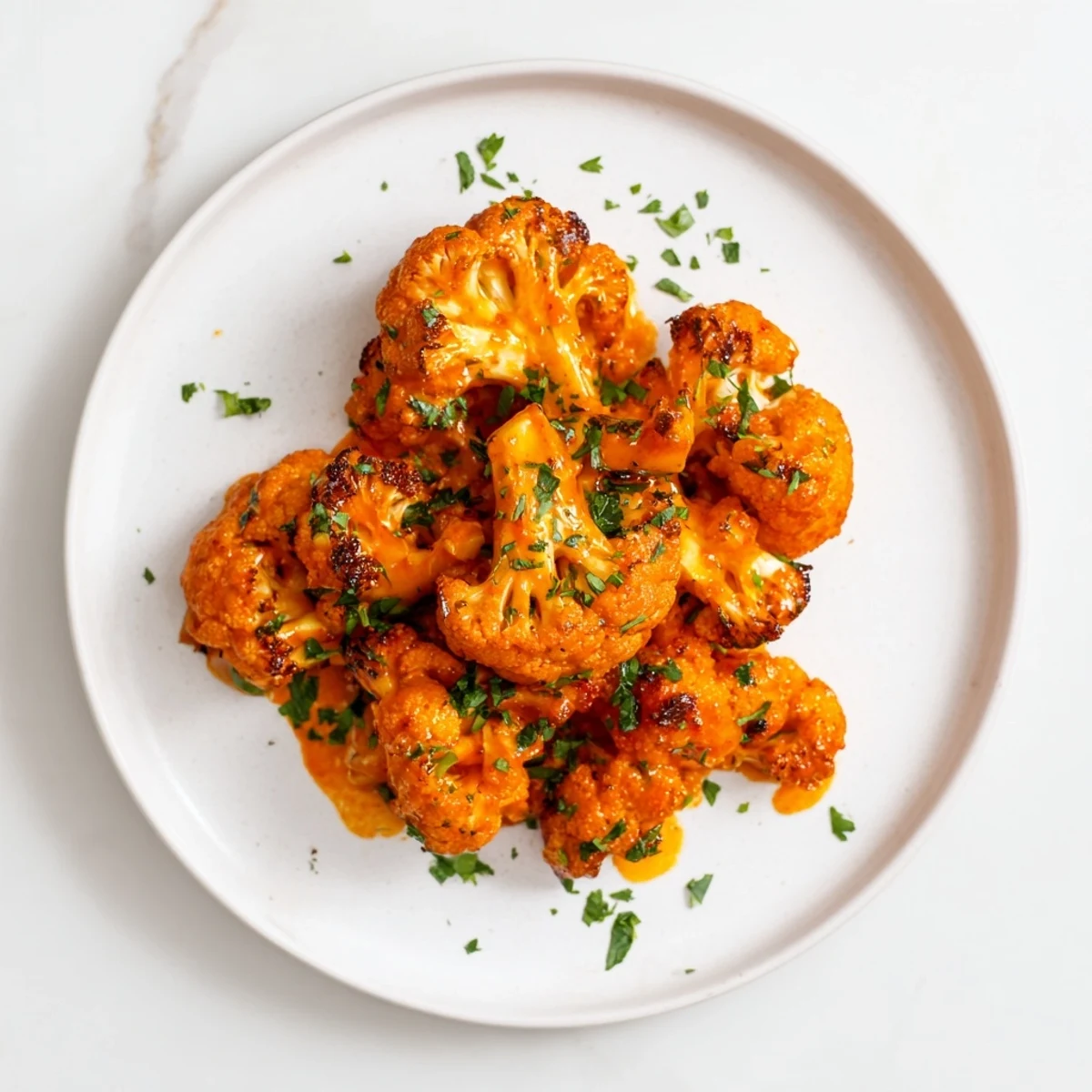 Golden-brown Spicy Buffalo Cauliflower Bites, crispy on the outside, ready for dipping and enjoying.