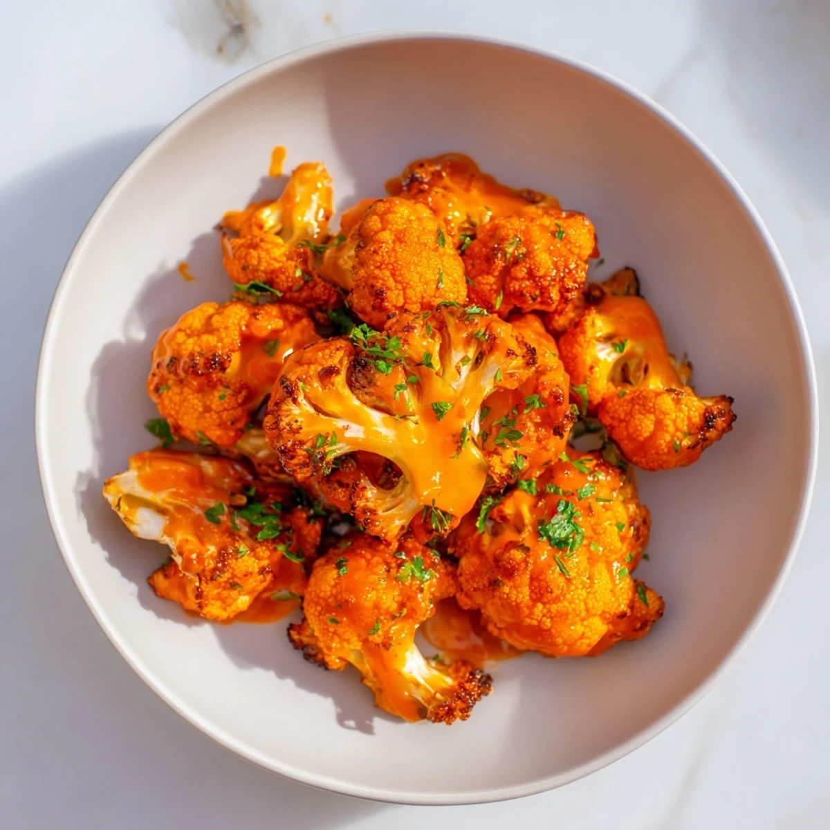 Image of oven-baked Spicy Buffalo Cauliflower Bites, glistening with flavorful buffalo sauce, perfect appetizer.