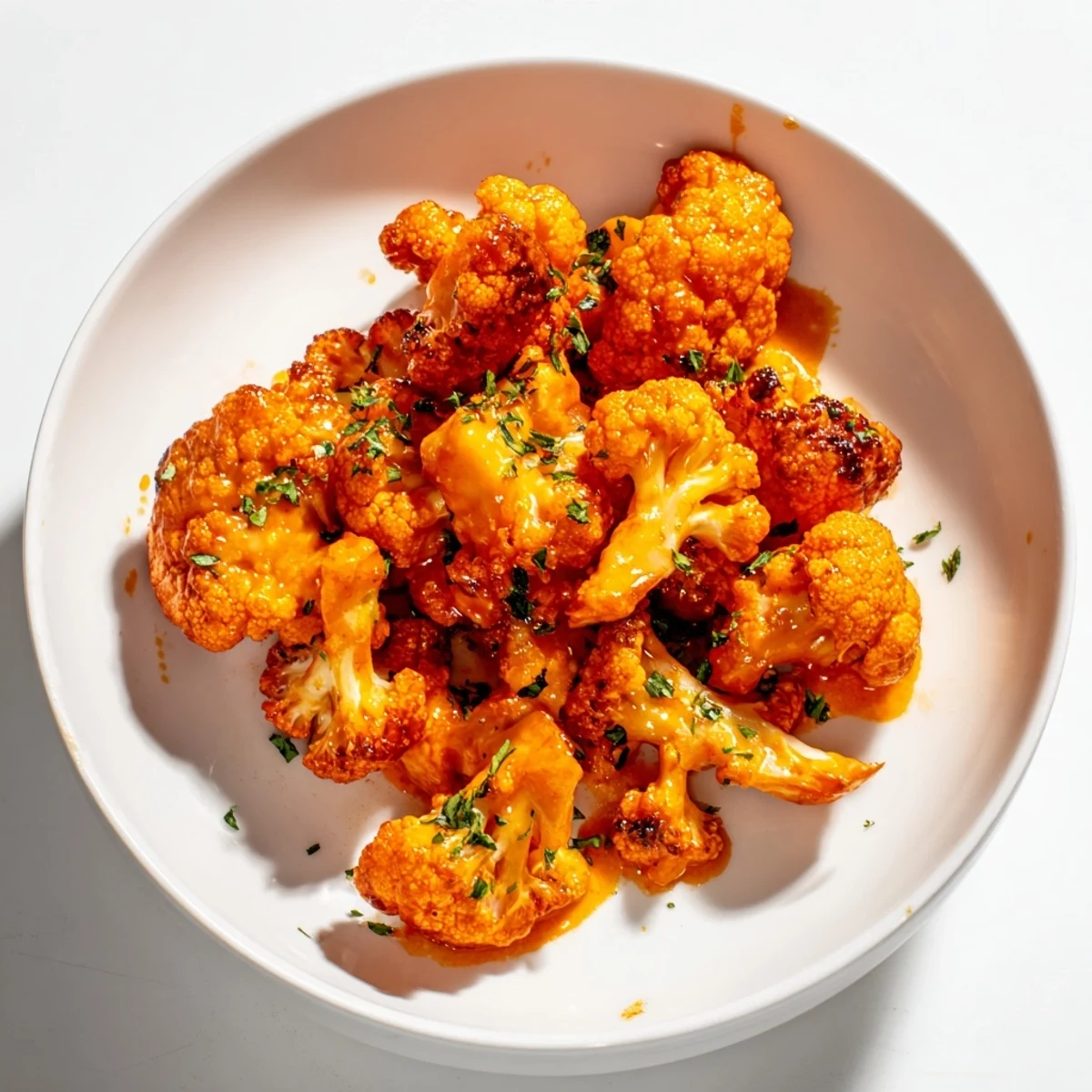 Close-up shot shows Spicy Buffalo Cauliflower Bites, showcasing the oven-baked texture and savory taste.