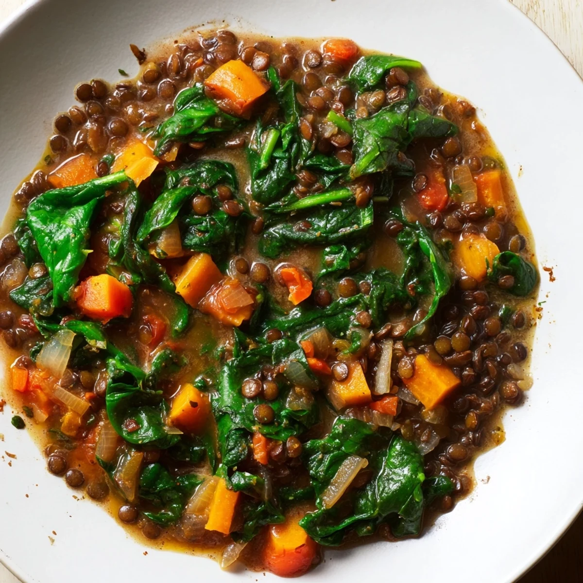 Close-up of a flavorful Savory Lentil and Spinach Stew, showcasing the richness with fresh ingredients.