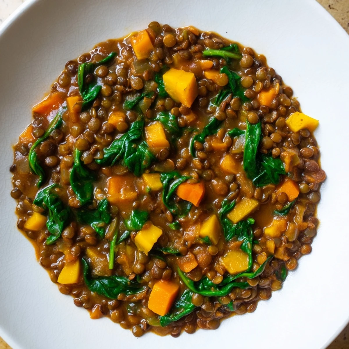Hearty Savory Lentil and Spinach Stew, with visible tender lentils and green spinach, ready to be enjoyed.