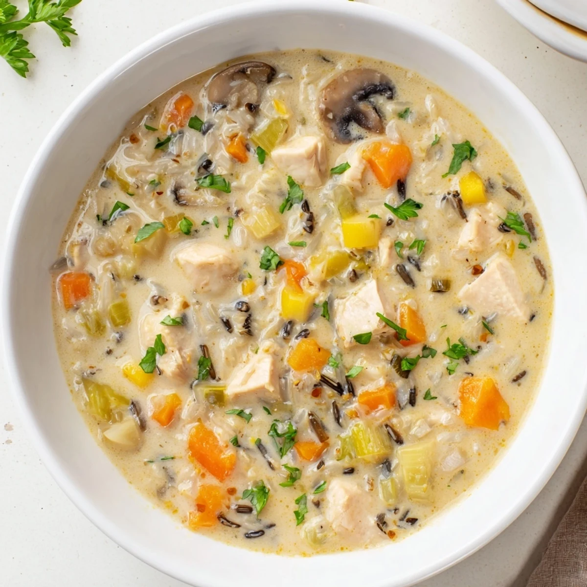 Steaming bowl of Creamy Chicken and Wild Rice Soup, garnished with parsley, ready to eat.