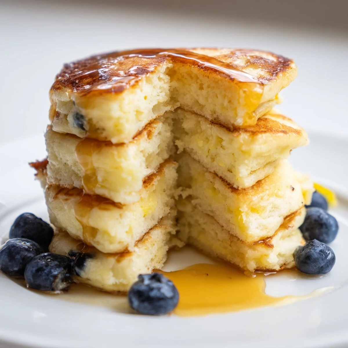 Golden Lemon Ricotta Pancakes stacked high, drizzled with syrup, and topped with fresh berries.