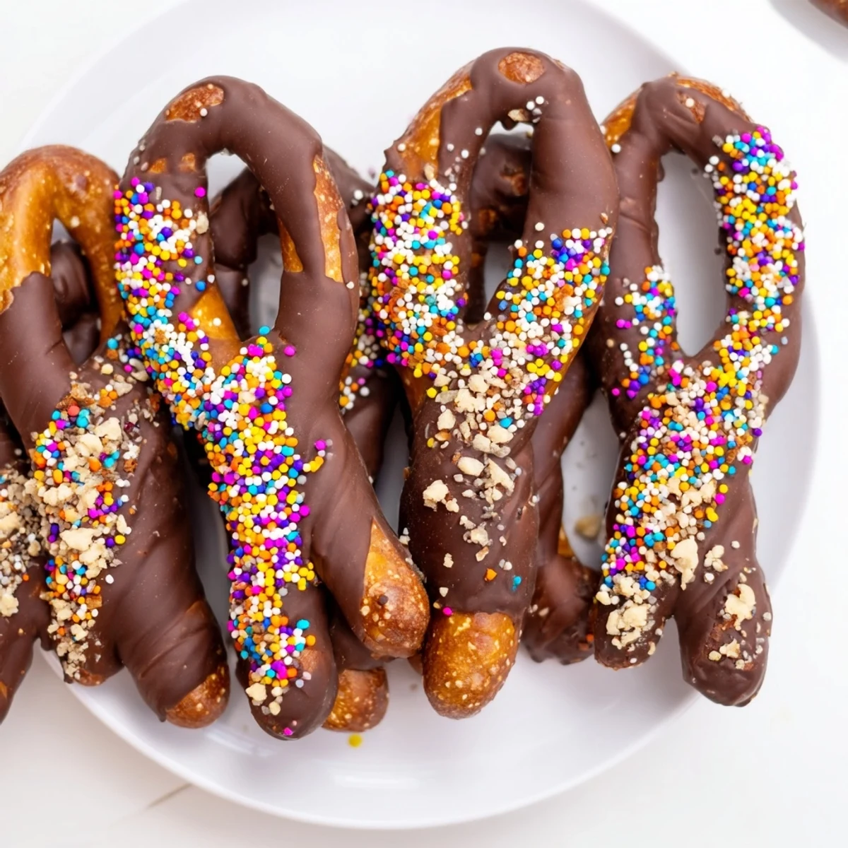 Golden, glistening chocolate-covered pretzels, adorned with colorful sprinkles, make the perfect sweet snack.