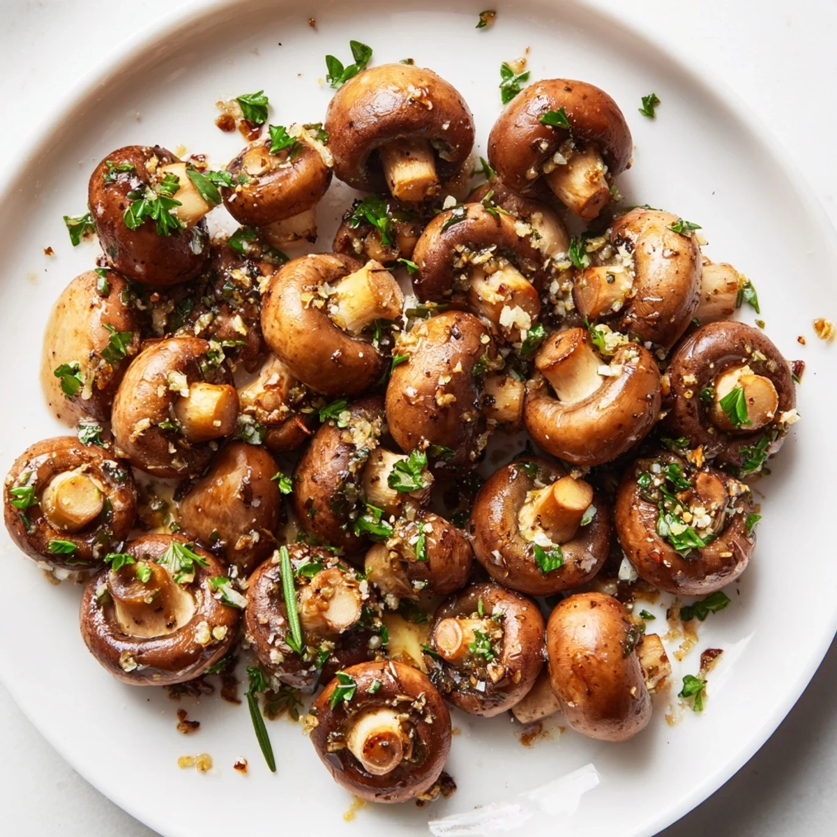 Garlic Herb Roasted Mushrooms, glistening with olive oil and spices, ready for a delicious dinner.