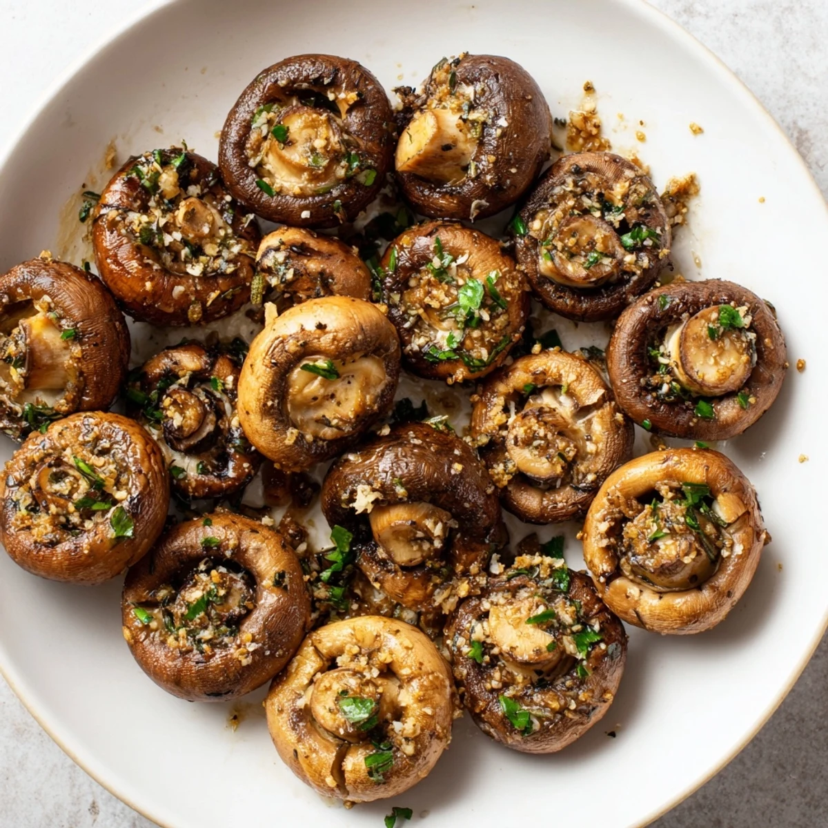 Golden-brown Garlic Herb Roasted Mushrooms, sizzling on a baking sheet, offering a savory aroma.