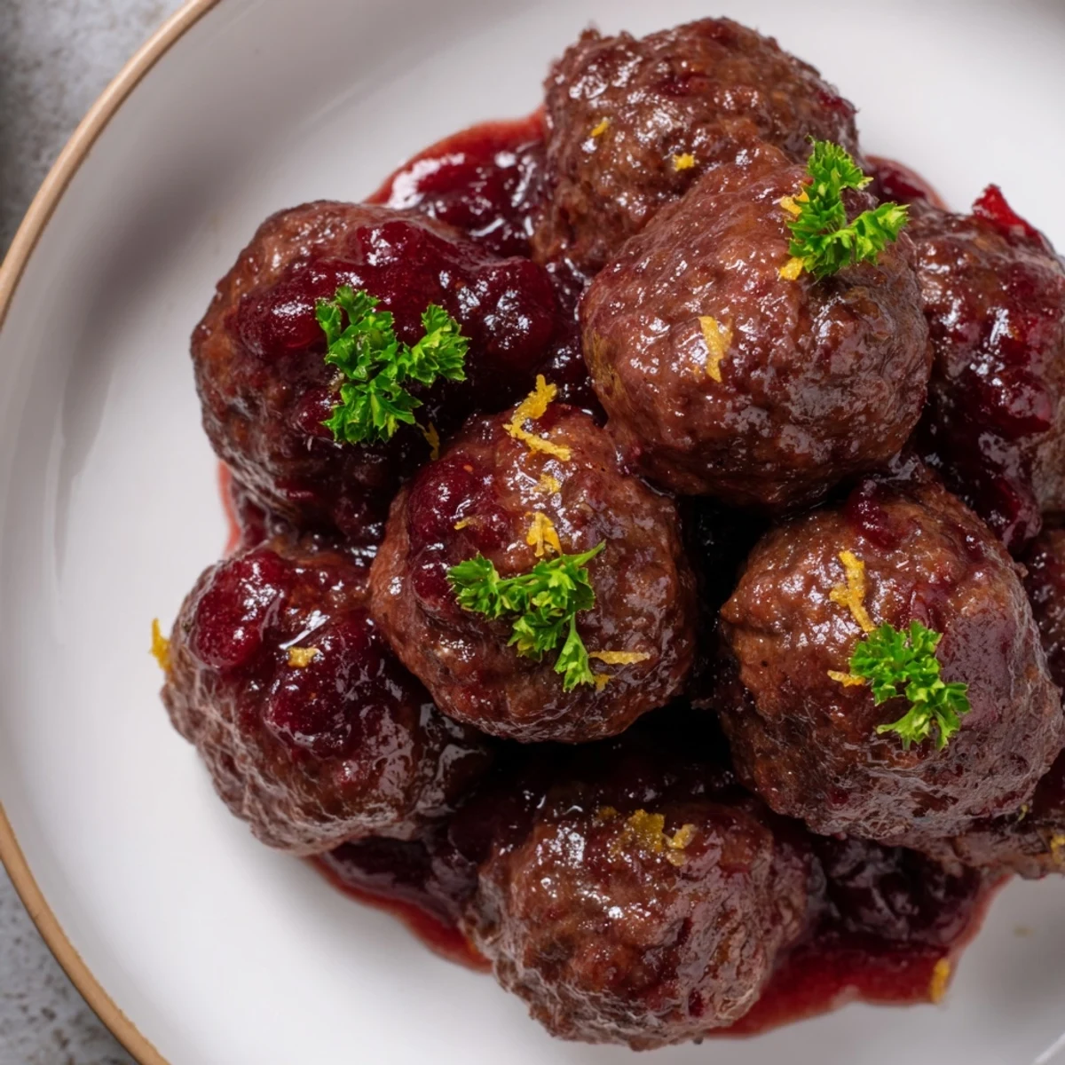 Sizzling Cranberry Orange Glazed Meatballs, coated in a glistening orange-cranberry sauce, ready to serve.