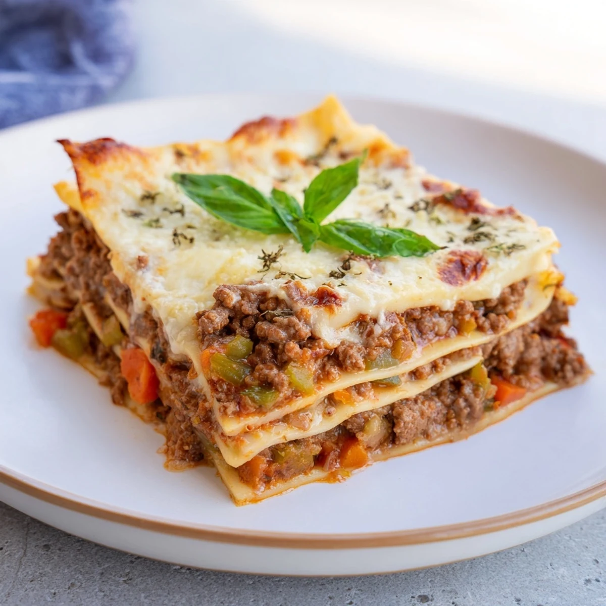 A bubbling Savory Beef Lasagna: golden crust on top, creamy cheese, and rich meat layers.