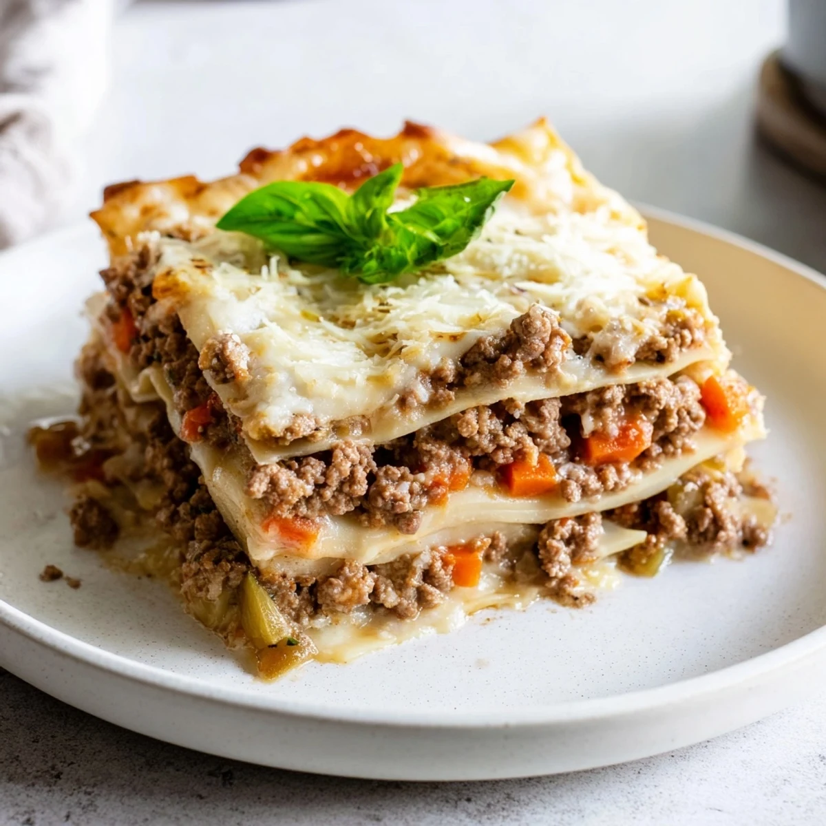 This photo shows a hot, freshly baked Savory Beef Lasagna with a perfect cheese pull.