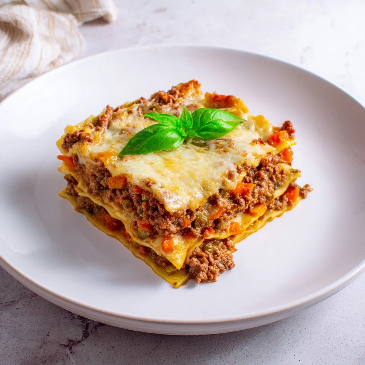 Close-up of a generously layered Savory Beef Lasagna, smelling savory, ready to be served.
