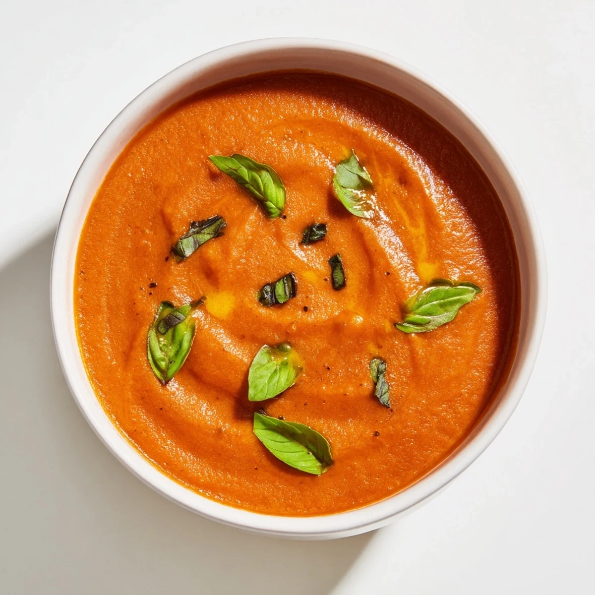 Perfectly blended Creamy Tomato Basil Bisque, showcasing a velvety texture and amazing aroma.