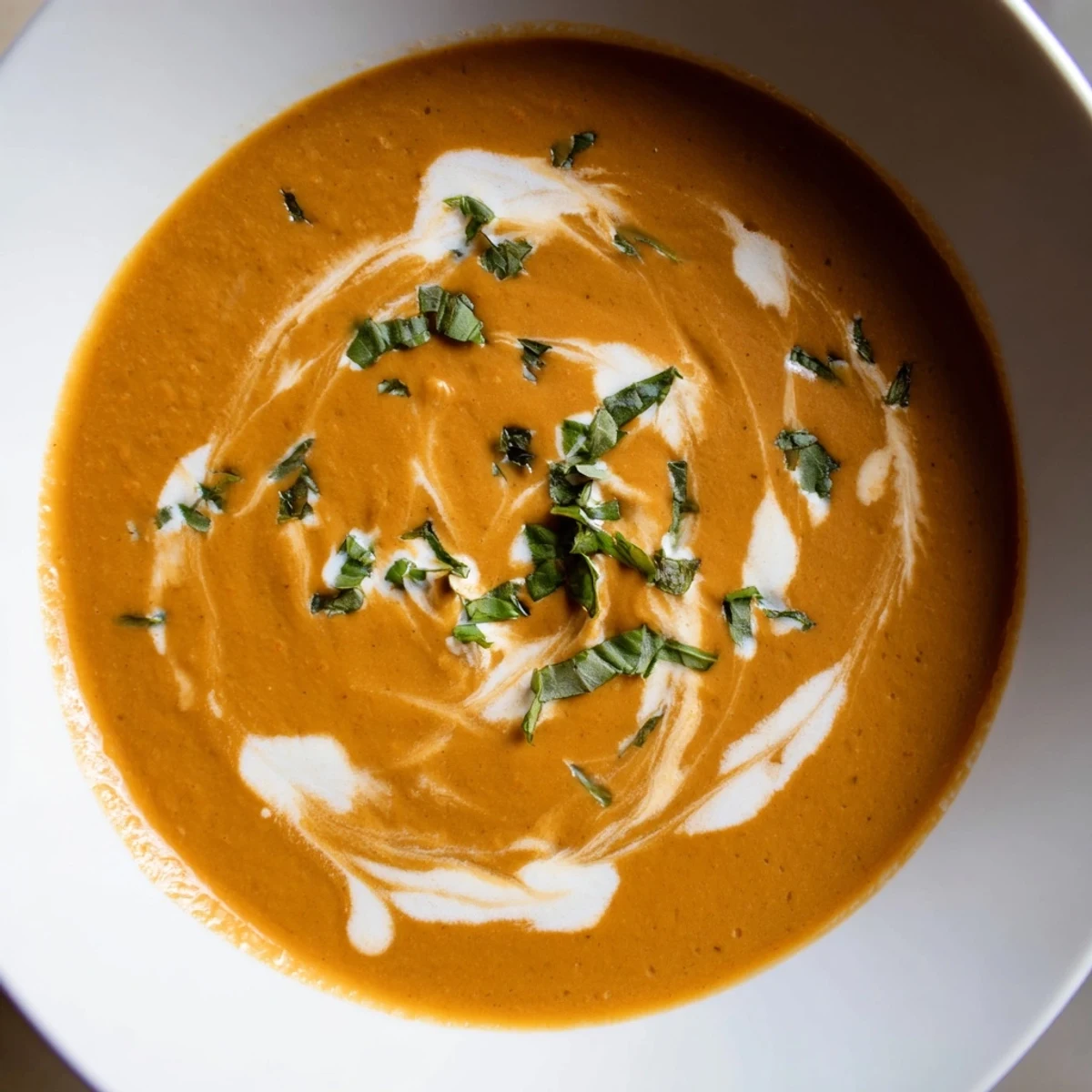 Warm, rich Creamy Tomato Basil Bisque, a vibrant red soup, served with crusty bread.