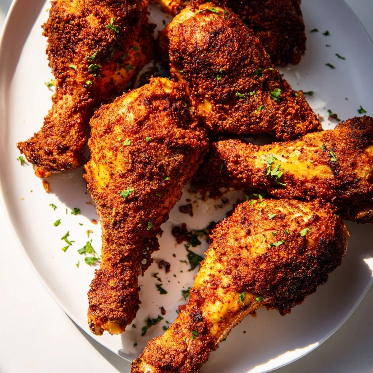 Crispy-skinned baked chicken drumsticks with paprika, glistening on a baking sheet, ready to serve.
