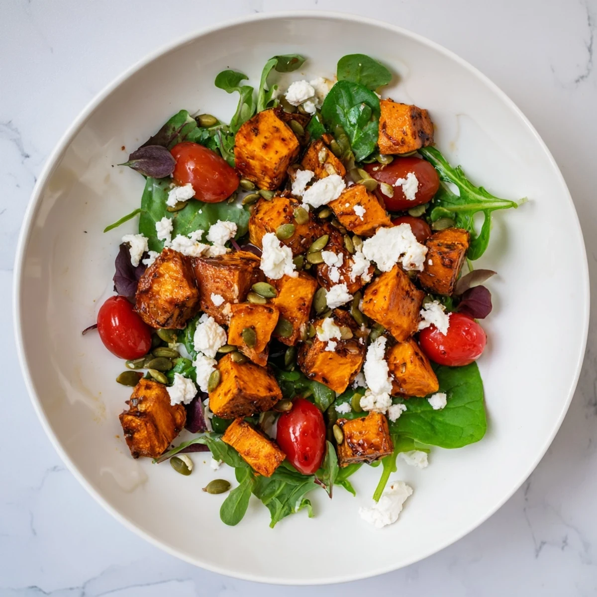 Golden roasted sweet potato salad with vibrant greens, drizzled with zesty balsamic dressing.