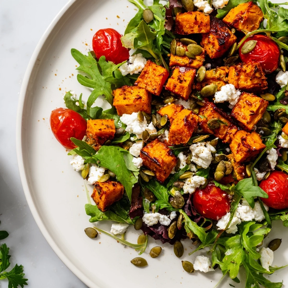 A warm bowl filled with roasted sweet potato salad, perfect for a fresh and hearty lunch.