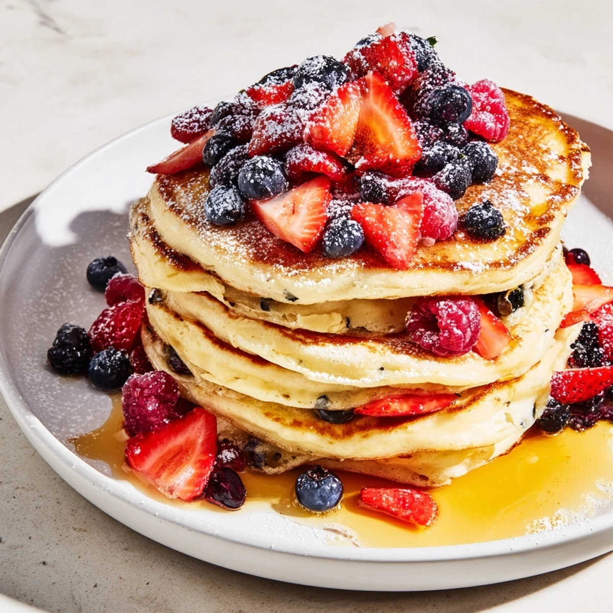 Golden-brown lemon ricotta pancakes are stacked high, ready to be devoured with fresh berries.