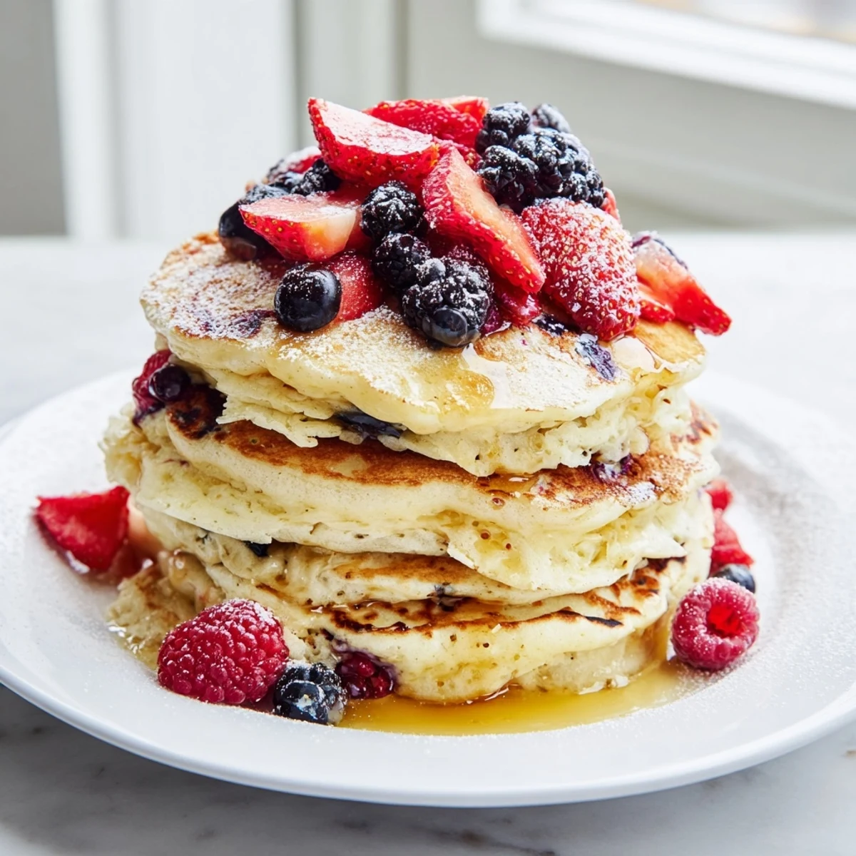 A close-up of fluffy lemon ricotta pancakes drizzled with syrup and bursting with berries.