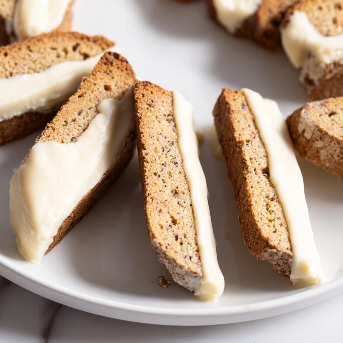 Golden-brown Gingerbread Biscotti, crisp and spiced, dipped in a luscious white chocolate coating.
