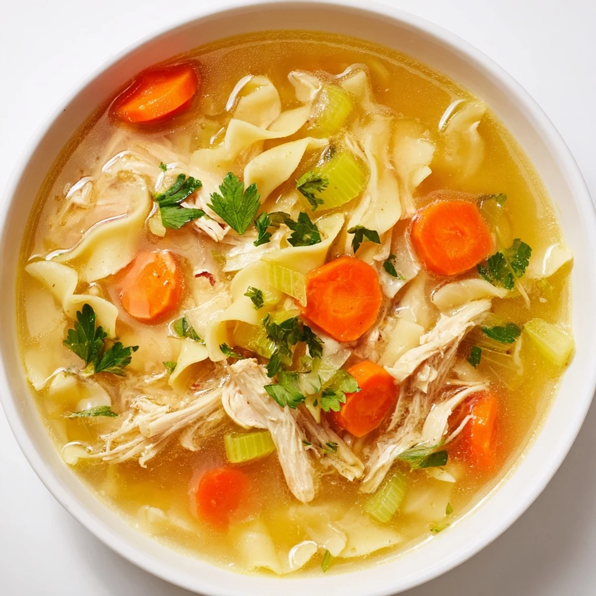 Close-up of a creamy Savory Chicken Noodle Soup, highlighting carrot and celery textures in flavorful broth.